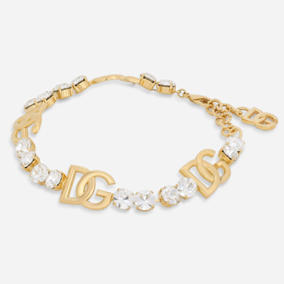Shop Dolce & Gabbana Rhinestoned Choker With Dg Logo In Gold