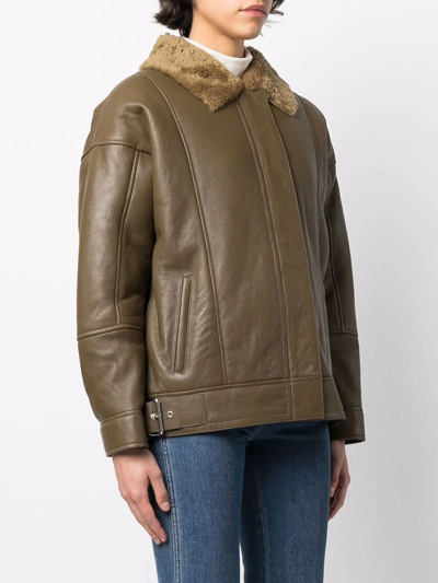 Shop Common Leisure Shearling-trim Leather Jacket In Green
