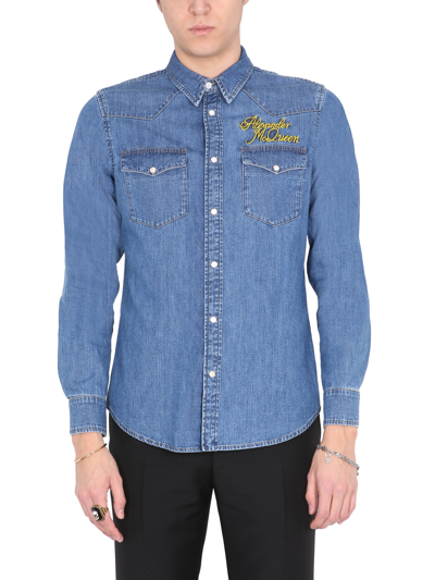 Shop Alexander Mcqueen Shirt With Embroidered Logo In Blue
