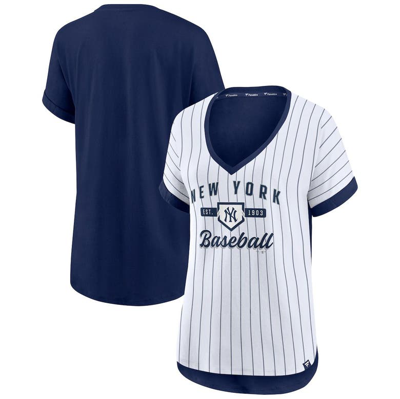 Fanatics Women's White, Navy New York Yankees Iconic Noise Factor Pinstripe  V-neck T-shirt In White/navy