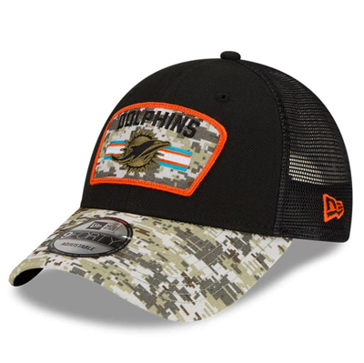 Shop New Era Black/camo Miami Dolphins 2021 Salute To Service Trucker 9forty Snapback Adjustable Hat