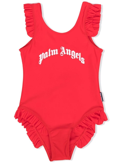Shop Palm Angels Logo Print Ruffle Swimsuit In Red