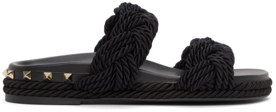 Shop Valentino Black Rope Rockstud Flat Sandals In 0no Nero
