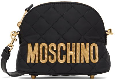 Shop Moschino Black Quilted Logo Bag In B2555 Black Gold