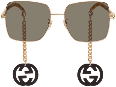 Shop Gucci Gold & Black Square Chain Sunglasses In 001 Gold
