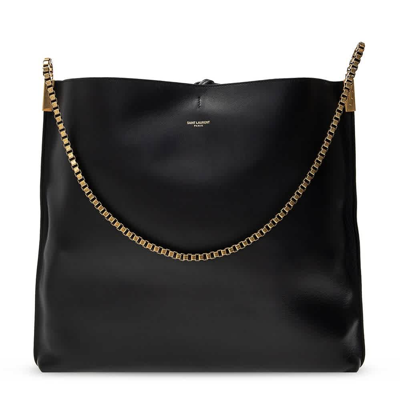 Saint Laurent // Black Smooth Leather Suzanne Medium Hobo Chain