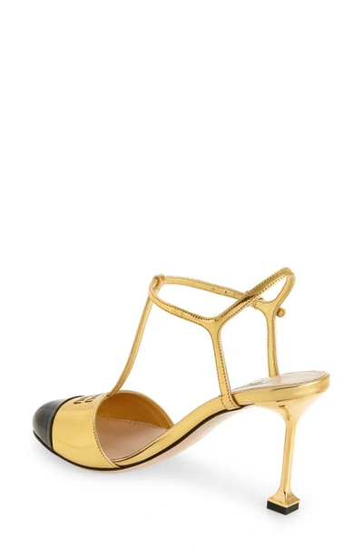 Shop Miu Miu Cap Toe T-strap Pump In Oro/ Nero