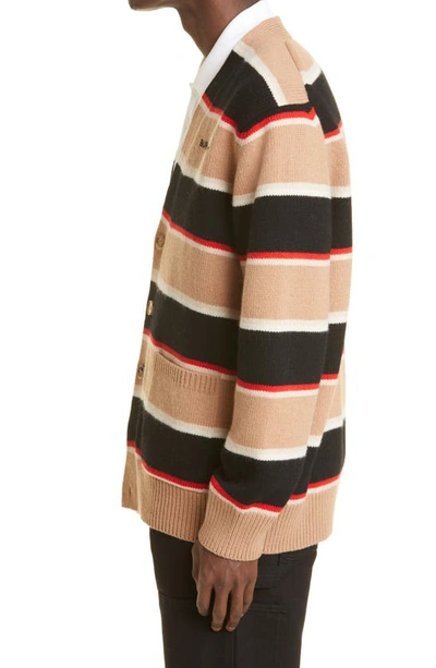 Shop Burberry Oakford Stripe Wool & Cashmere Cardigan In Camel