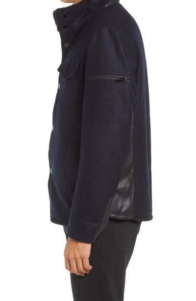 Karl Lagerfeld Fleece Lined Wool Blend Shirt Jacket In Navy