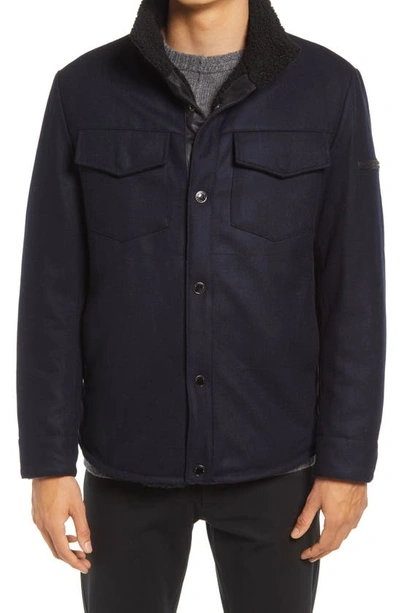 Karl Lagerfeld Fleece Lined Wool Blend Shirt Jacket In Navy