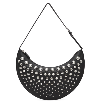 Shop Alaïa Black Studded Demi-lune Shoulder Bag In 999 Black
