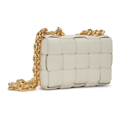 Shop Bottega Veneta Off-white Padded Chain Cassette In 9143 Chalk Gold