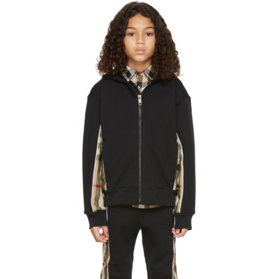 Burberry Kids Black Check Panel Hoodie In Black