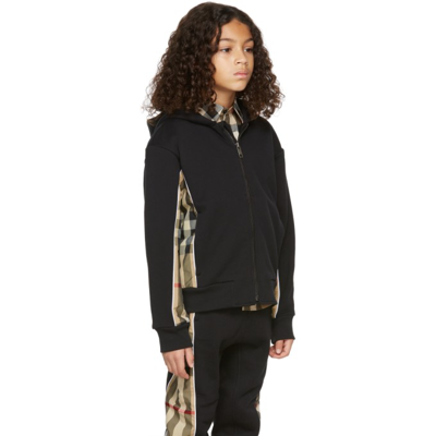 Burberry Kids Black Check Panel Hoodie In Black