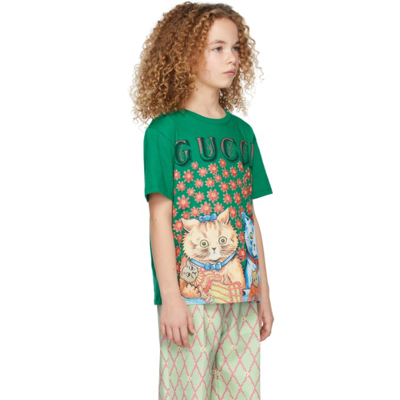 Shop Gucci Kids Green Cotton Cat Print T-shirt In 3420 Brilliant Lawn/