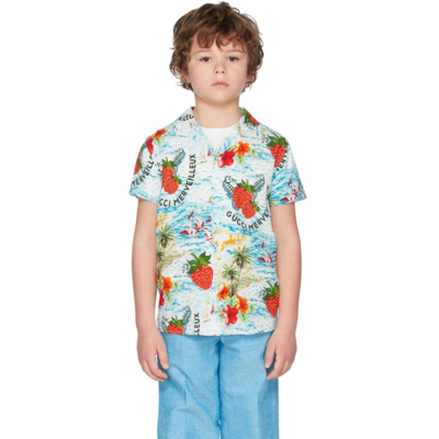 Shop Gucci Kids Multicolor Strawberry Smoothie Print Short Sleeve Shirt In 4266 Light Blue/red/