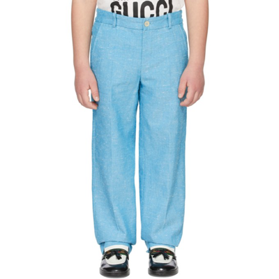 Shop Gucci Kids Blue Summery Canvas Trousers In 4406 Soft Cyan