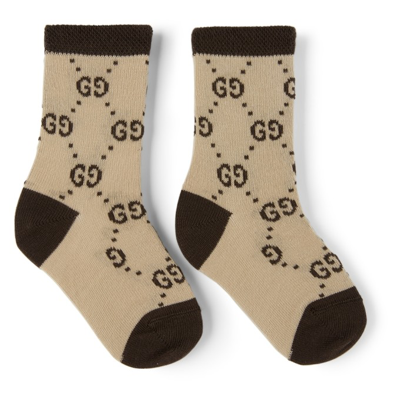Shop Gucci Baby Beige & Brown Gg Socks In 9764 Beige/dark Brow