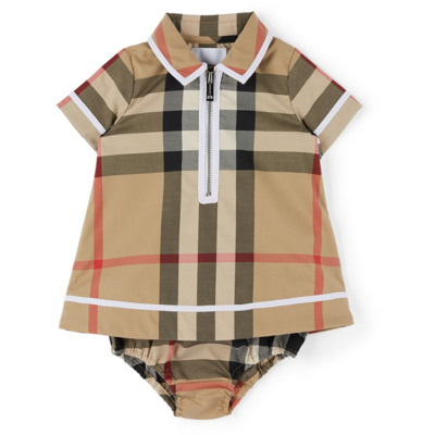 Shop Burberry Baby Beige Check Dress & Shorts Set In Archive Beige Ip Chk