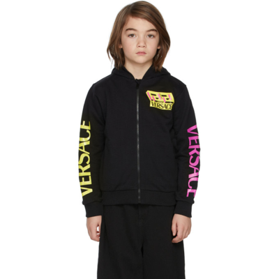 Shop Versace Kids Black Greca & Logo Print Zip-up Hoodie In 6b570 Black+yellow+f