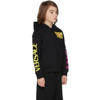 Shop Versace Kids Black Greca & Logo Print Zip-up Hoodie In 6b570 Black+yellow+f