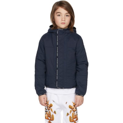 Shop Burberry Kids Navy Logo Tape Hooded Jacket In Midnight