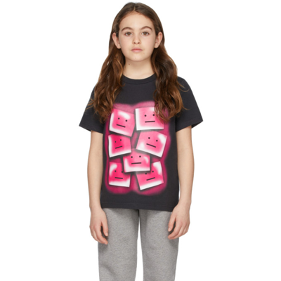 Shop Acne Studios Kids Black & Pink Face Print T-shirt In Bm0 Faded Black