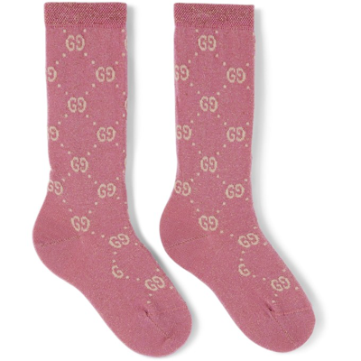 Shop Gucci Kids Pink Metallic Gg Socks In 5878 Roseate/ivory