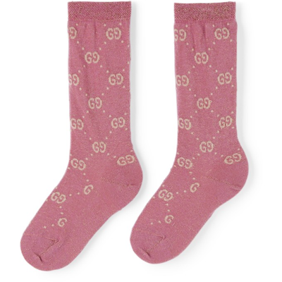 Shop Gucci Kids Pink Metallic Gg Socks In 5878 Roseate/ivory
