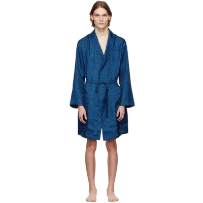 Shop Versace Blue & Black 'la Greca' Robe In 5u290 Sapphire+black