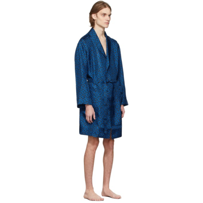 Shop Versace Blue & Black 'la Greca' Robe In 5u290 Sapphire+black