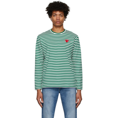Shop Comme Des Garçons Play Green & White Striped Heart Patch Long Sleeve T-shirt In 3 Green