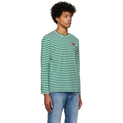 Shop Comme Des Garçons Play Green & White Striped Heart Patch Long Sleeve T-shirt In 3 Green