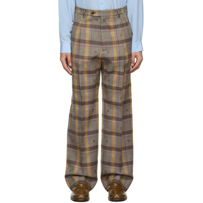 Gucci Wide-leg Logo-embroidered Checked Wool Suit Trousers In Brown |  ModeSens