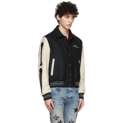 Shop Amiri Black & Off-white Bones Varsity Jacket In Black / Alabaster