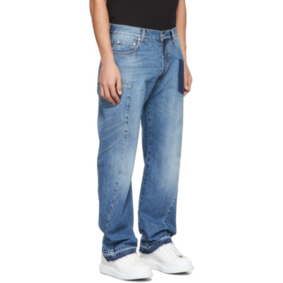 Shop Alexander Mcqueen Blue Washed Reconstructed Denim Jeans In 4001 Blue Washed