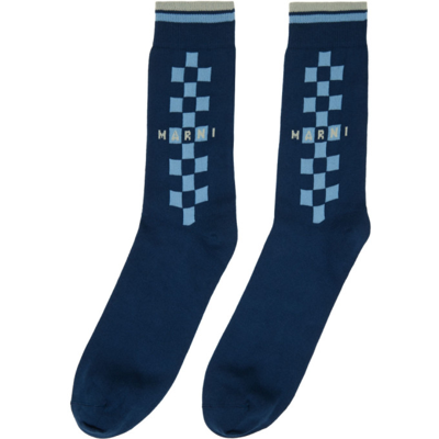 Shop Marni Navy Check Logo Socks In Chb81 Light Navy