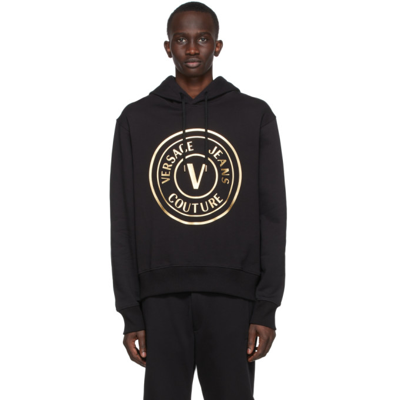 Shop Versace Jeans Couture Black V-emblem Hoodie In Eg89 Black + Gold