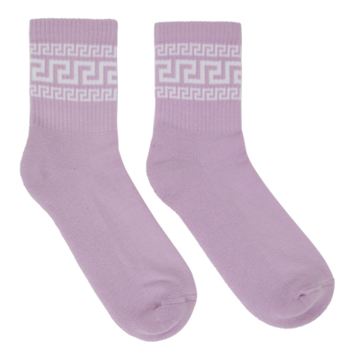 Shop Versace Purple Greca Athletic Socks In 2l340 Orchid+bianco