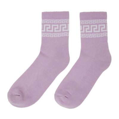 Shop Versace Purple Greca Athletic Socks In 2l340 Orchid+bianco