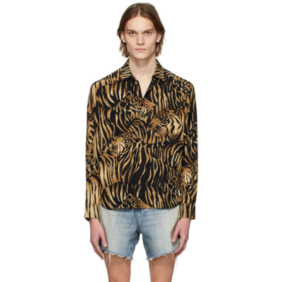 Shop Saint Laurent Black & Tan Silk Tiger Print Shirt In 9664 Fauve