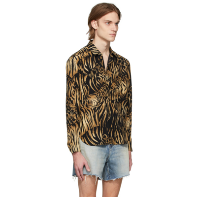 Shop Saint Laurent Black & Tan Silk Tiger Print Shirt In 9664 Fauve