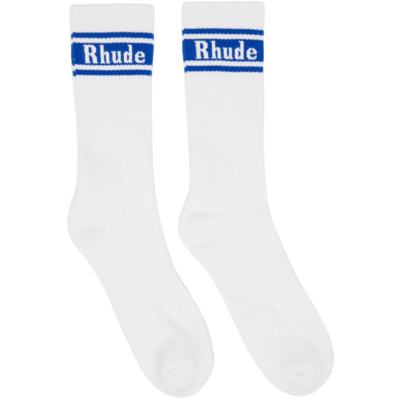 Shop Rhude White & Blue Stripe Logo Socks In White/royal Blue