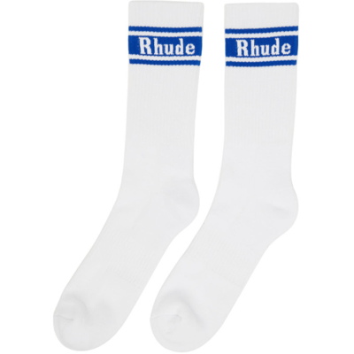 Shop Rhude White & Blue Stripe Logo Socks In White/royal Blue