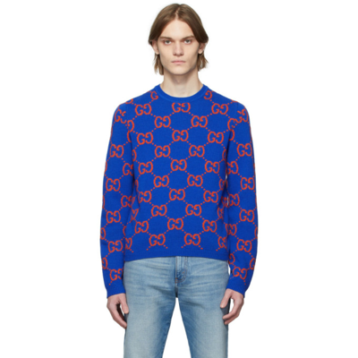 Shop Gucci Blue Knit Gg Sweater In 4370 Bluette/mc
