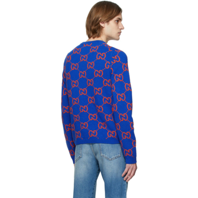 Shop Gucci Blue Knit Gg Sweater In 4370 Bluette/mc