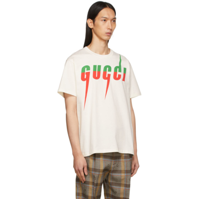 Shop Gucci Off-white Blade Print T-shirt In 9037 Milk/green/red