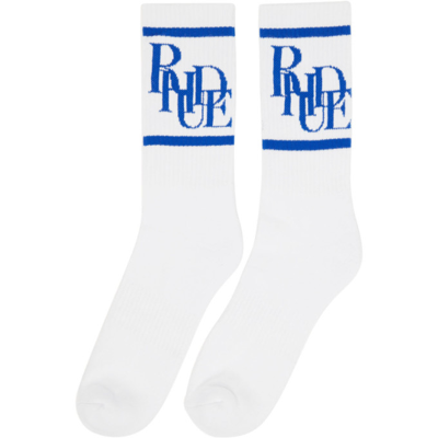 Shop Rhude White & Blue Scramble Logo Socks In White/royal Blue