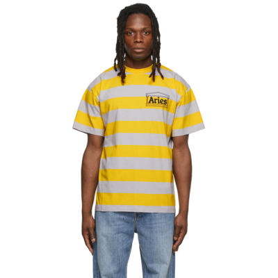Shop Aries Yellow & Grey Striped Temple T-shirt In Lilac/orange