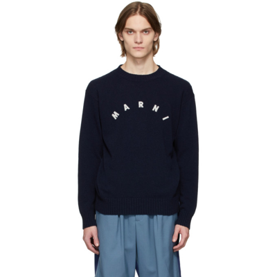 Shop Marni Navy Embroidered Logo Sweater In 00b99 Blue Black